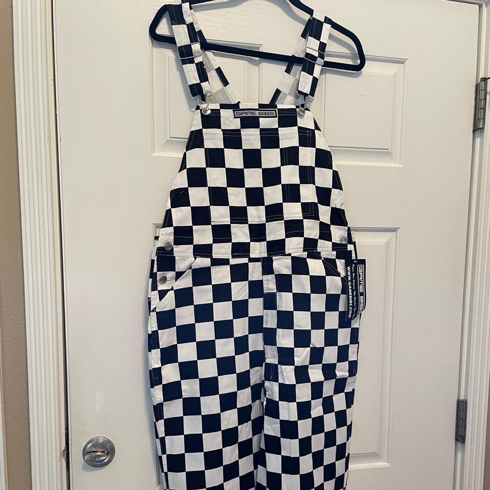 Game Bibs black and white checkered overalls